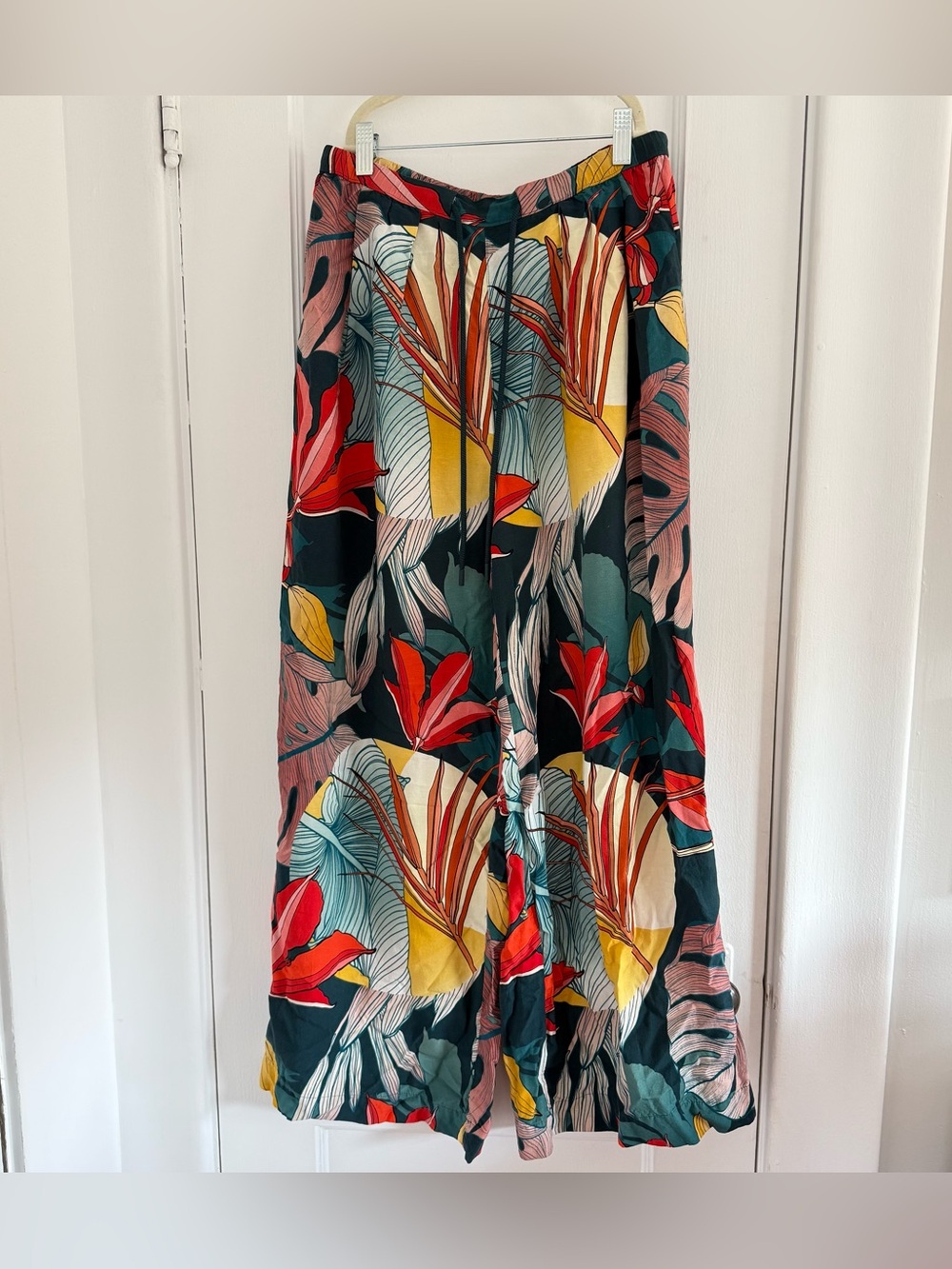 CALIA by Carrie Underwood Teal Tropical Wide-Leg Pants Linen Blend Size S